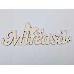 L519-Decupaj lemn text Mireasa cu fluturasi 30x9 cm